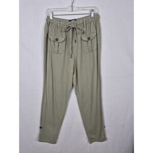 Rewash Women’s Linen Blend Cargo Pants Size M Green Drawstring Elastic Waist